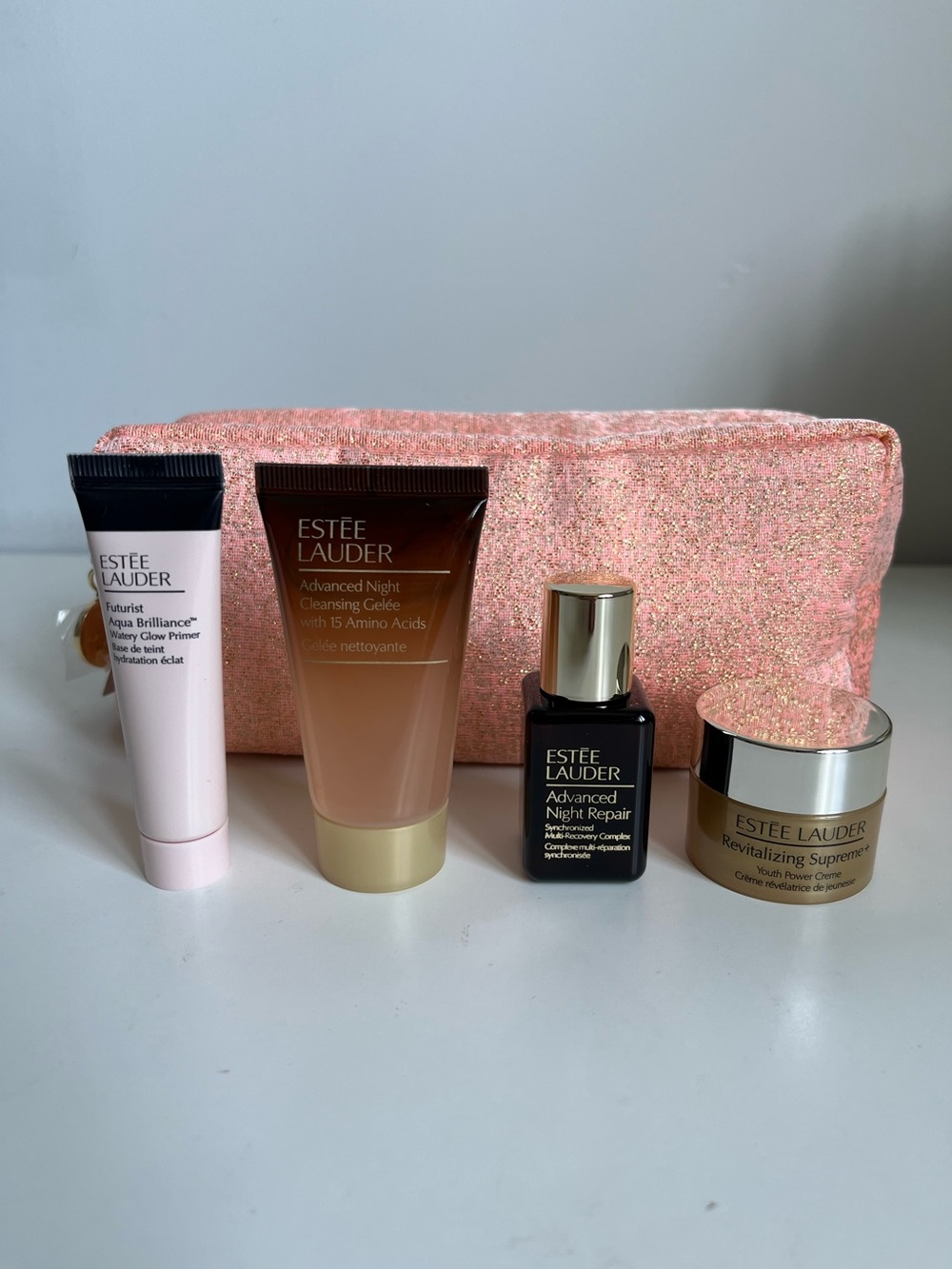 Estee Lauder Skincare Set with Pink Glitter Pouch